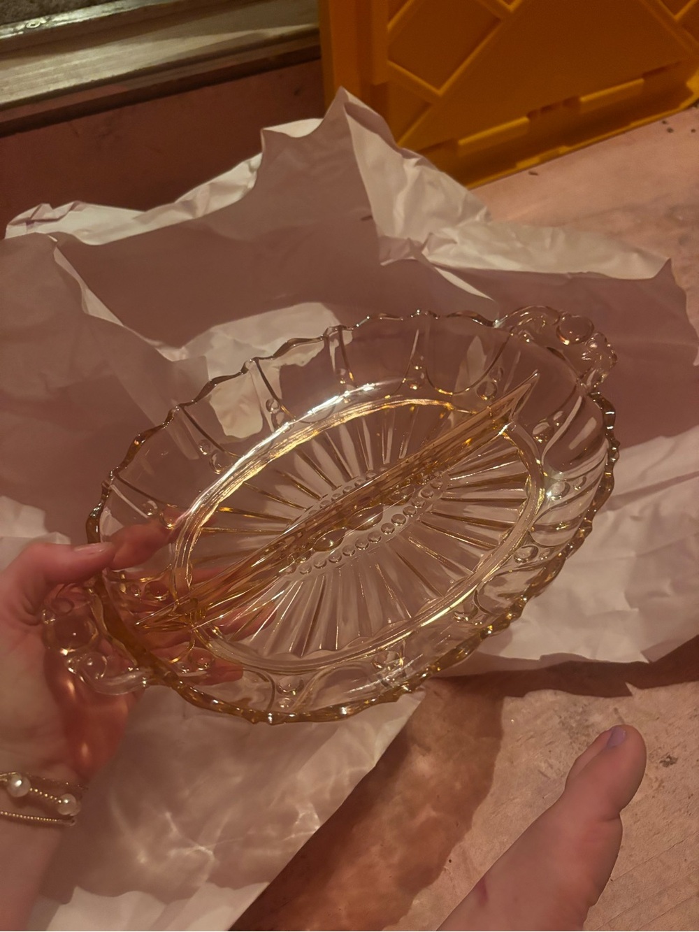 Vintage Amber Pressed Glass Serving Dish with Handles